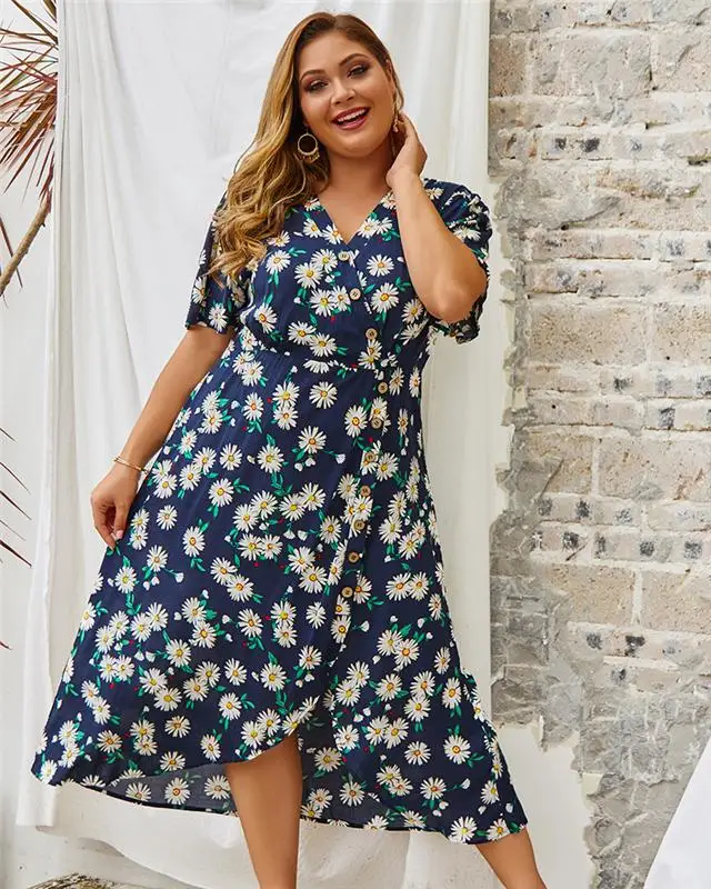

New Fashion Plus Size Dress 2021 Printed Ladies Flower Dress, Picture color