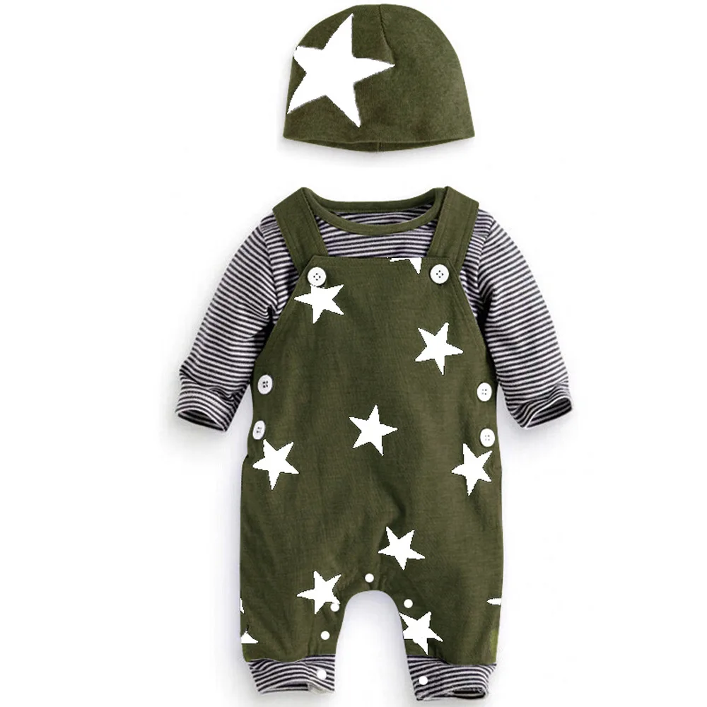 

Amazon New Arrival American Style Star Stripe Pattern Autumn Long Sleeve T-shirt Suspender Pants Baby Clothing Set with Hat