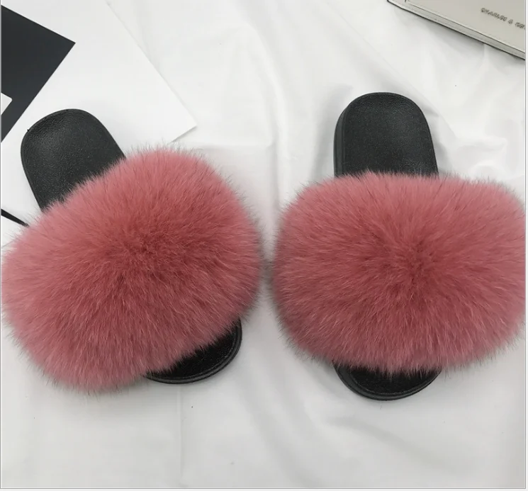 

Wholesale REAL BIG FUR slippers with Custom logo flush soft raccoon fur slipper outdoor slider sandals fox fur slides for women