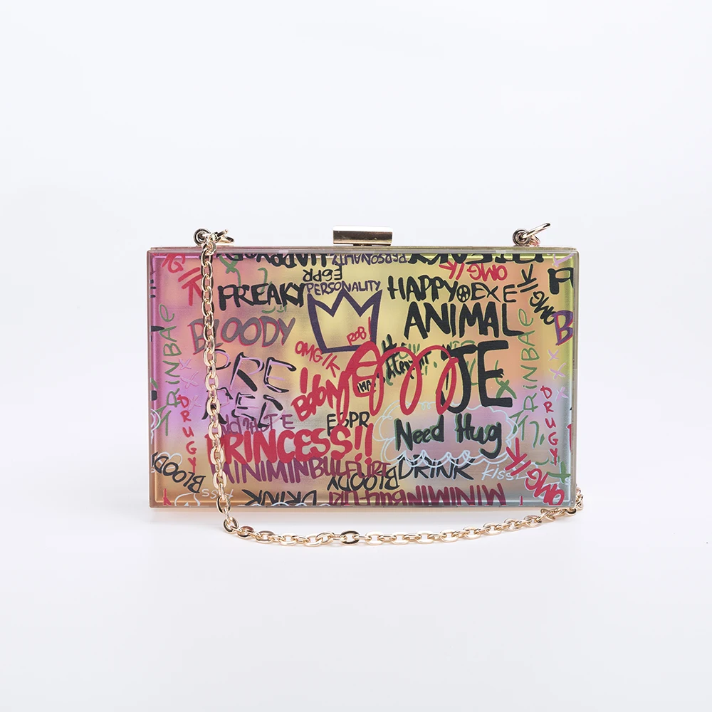 

20SH-9050M2020 Pvc Rivet Graffiti Crossbody Hard Clutch Purse Bag Ladiese Evening Clutches Bag WIth Golden Chain, White