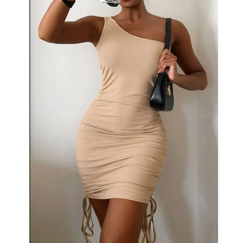 

One Shoulder Ruched Knot Side Casual Midi Bodycon Dress, Many
