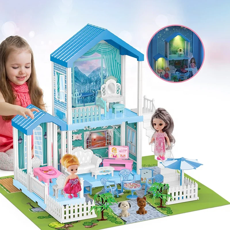 

(Only for US customers) TOY Life Blue Girl Pretend Furniture Toys Miniature House Big Doll House for Kids with Accessories