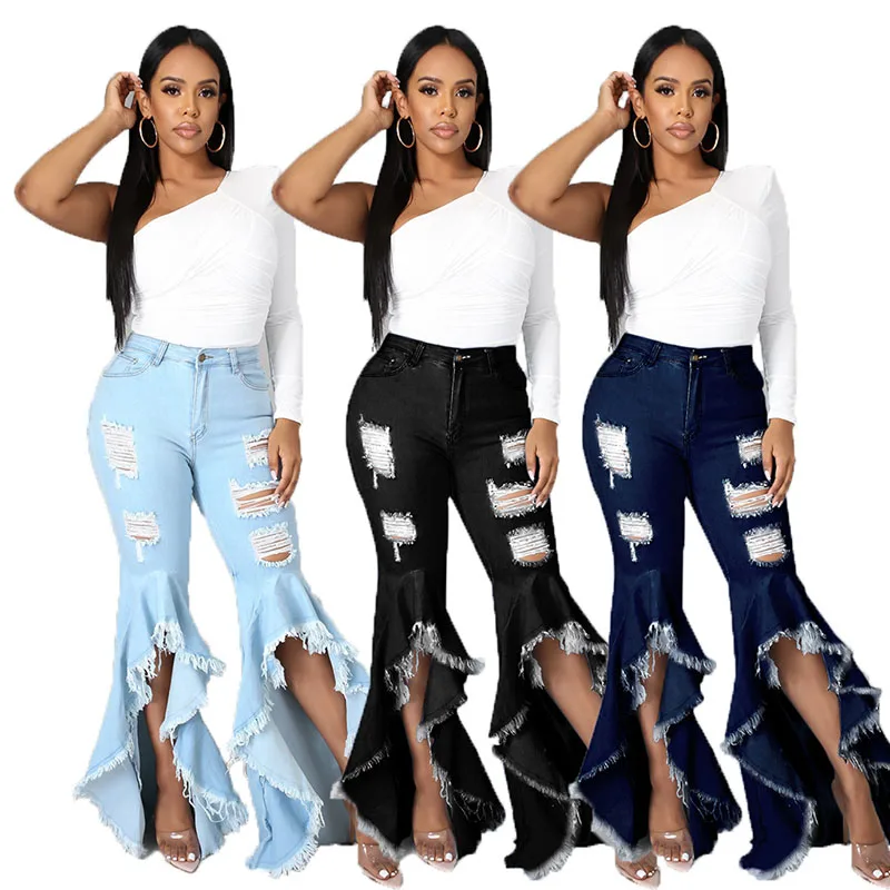 

Plus size women's ripped jeans super stretch jeans flared pants ripped street jeans, Picture colors