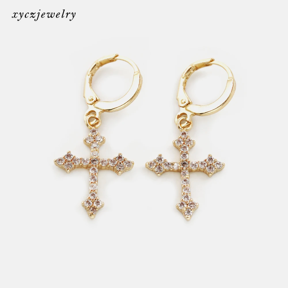 

Classic brass jewelry wholesale white zircon cross drop earrings