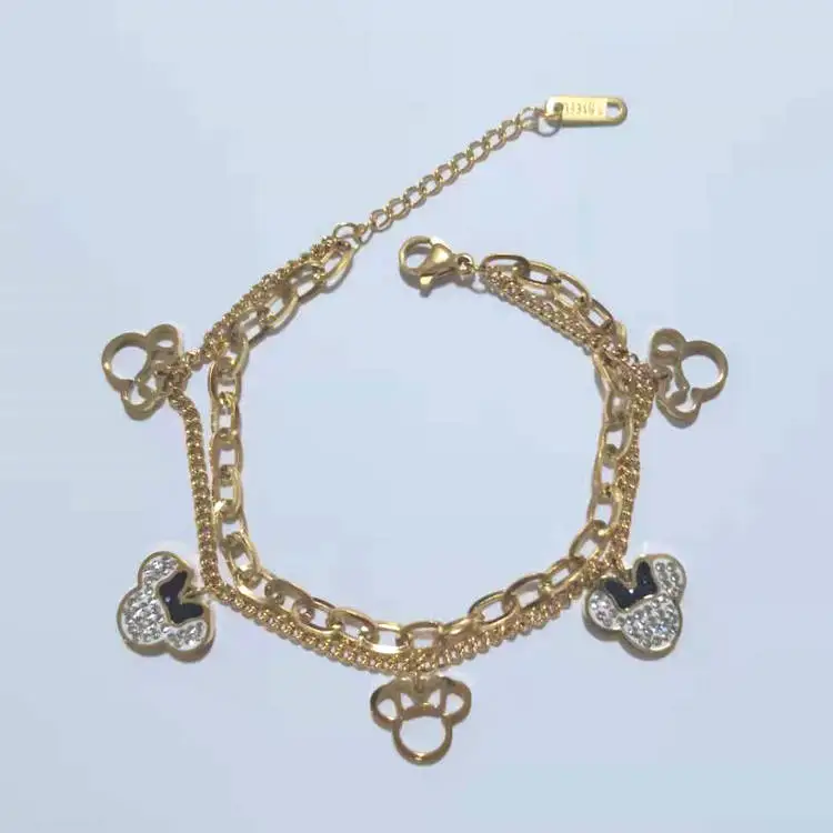 

New Designer Charm Personality Hollow Cute Mouse Head pendant double chain Anklets And Bracelets For Kids, Silver,gold,rose gold