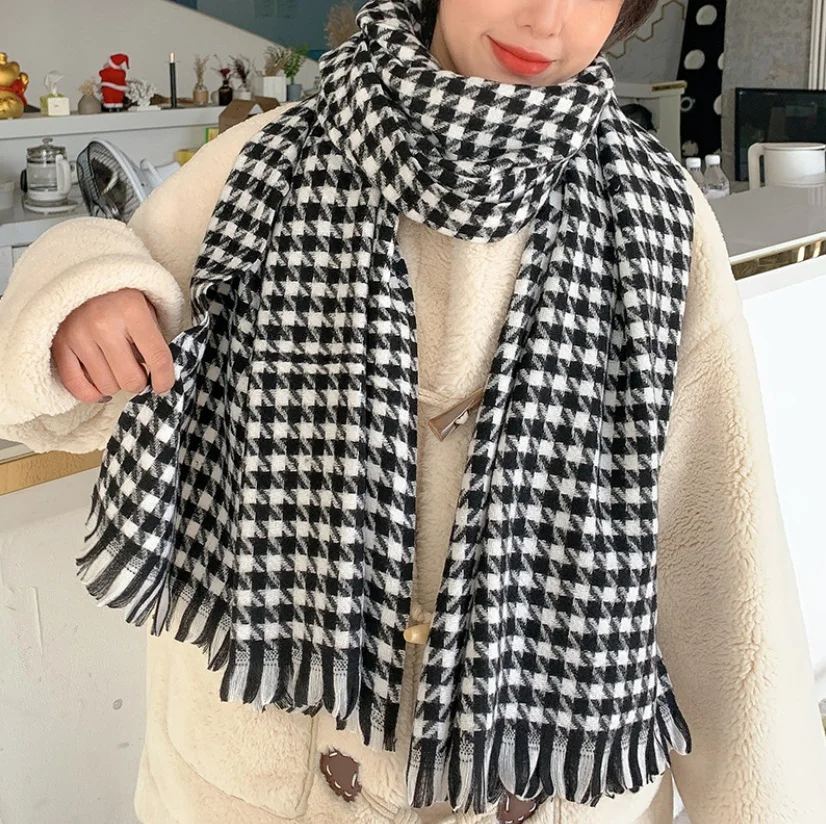 

New Style Houndstooth Winter Scarf Women Cashmere Warm Tassel Shawl Thick Scarves, Customized color