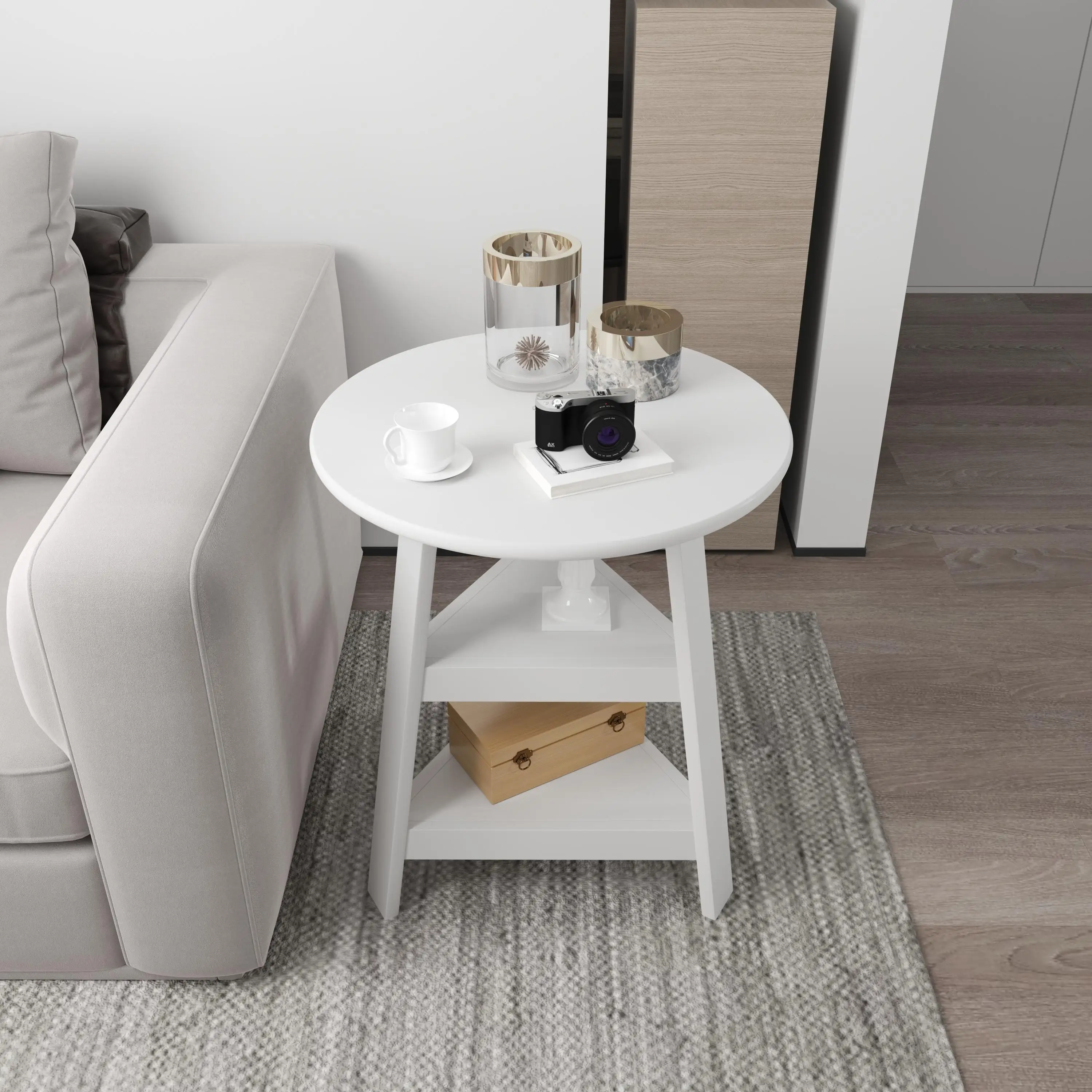 

American Style Round End Table with Storage Shelf Wood Coffee Table Modern for Living Room