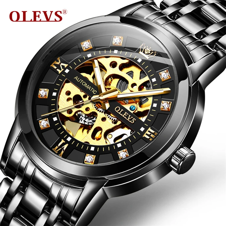 

OLEVS 9901 Men Mechanical Watch Luxury Brand Fashion Casual Watches Man Waterpreef Hollow Cool Black Leather Wristwatch