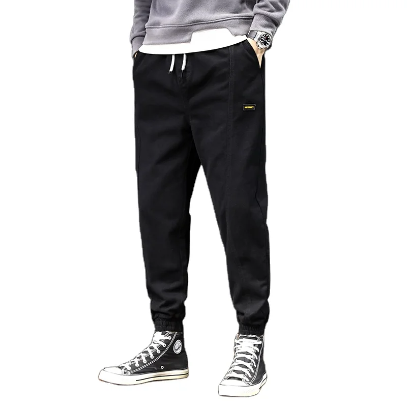 

New Loose Fitting Feet Youth Tooling Wear Resistance Draw String Design Pants Denim Jeans Men, Black