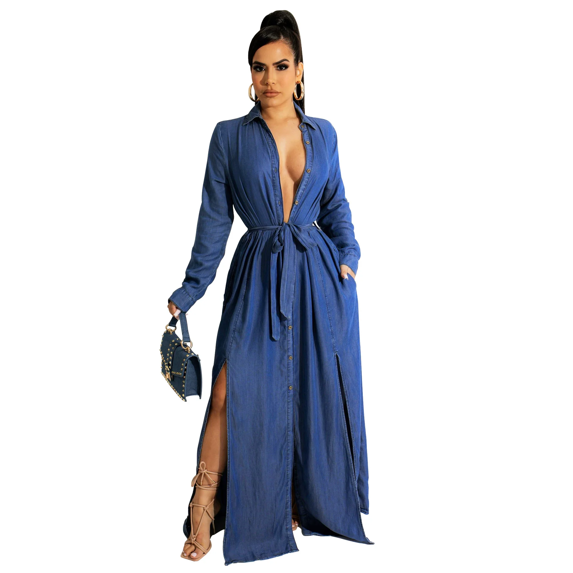 

Hot Sale High Quality new ladies long sleeve denim jeans dress women casual maxi dress, Picture