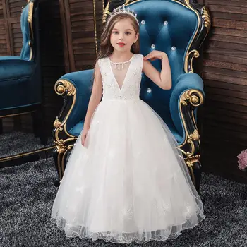 Westlichen Stil Weiß Mädchen Lange Hochzeit Kleid Schöne Gestickte Kid