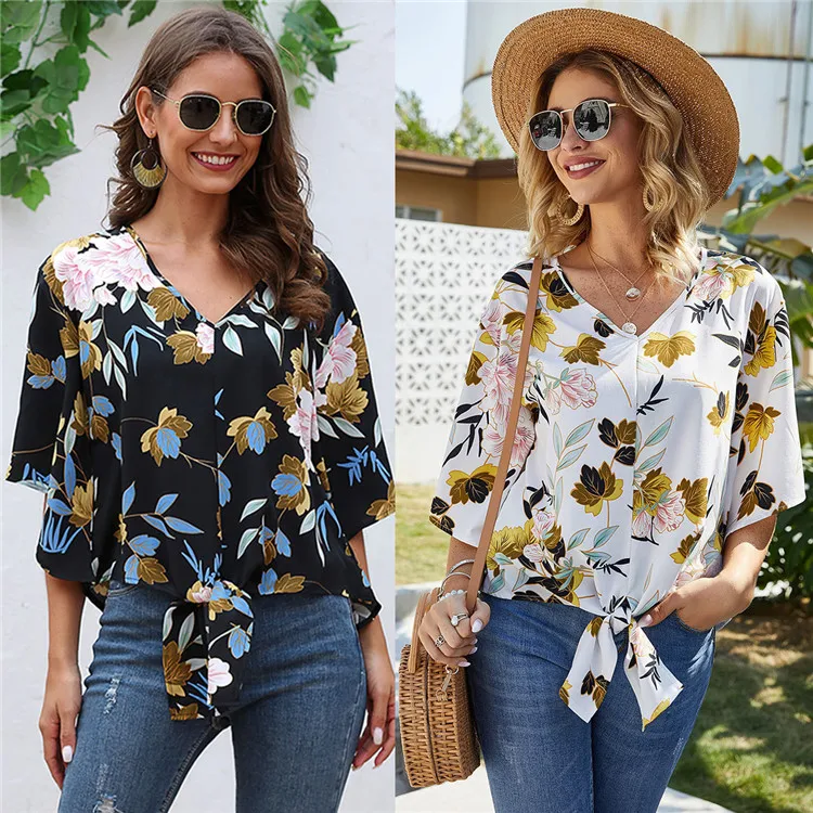 

New product ideas 2020 ins Explosion V-neck Knotted Loose Top Flare Sleeve floral Print Chiffon shirts, Customized color/as show