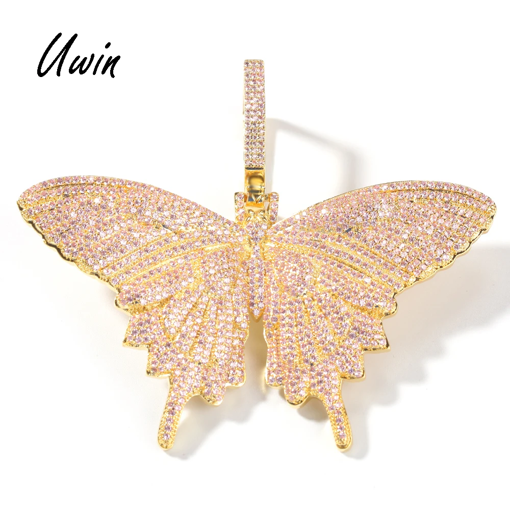

Iced Out Pink Butterfly Big Pendant 18K Gold Plated Full CZ Paved Women Rapper Pendant Necklace