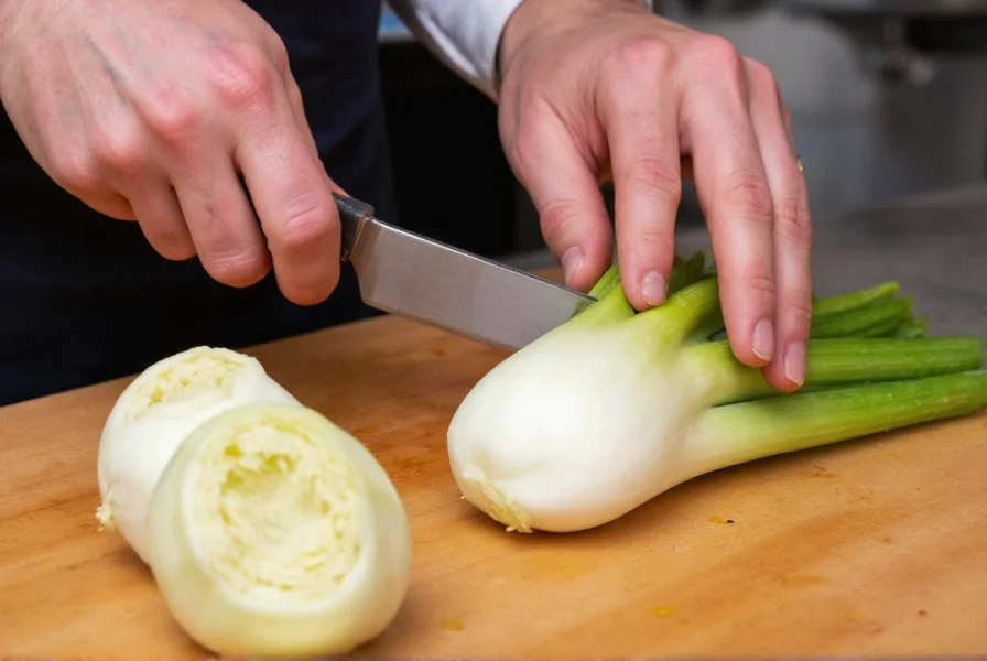 Professional chef's hands demonstrating proper knife grip while cutting fennel bulb on wooden cutting board