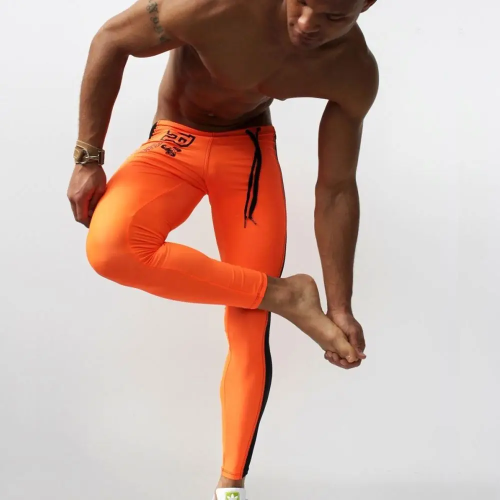 

wholesale Orange Fitness Tights Men Side Stripe Low Waist Mens Spandex Running Workout Tights Stretch Quick Dry Skinny Pants