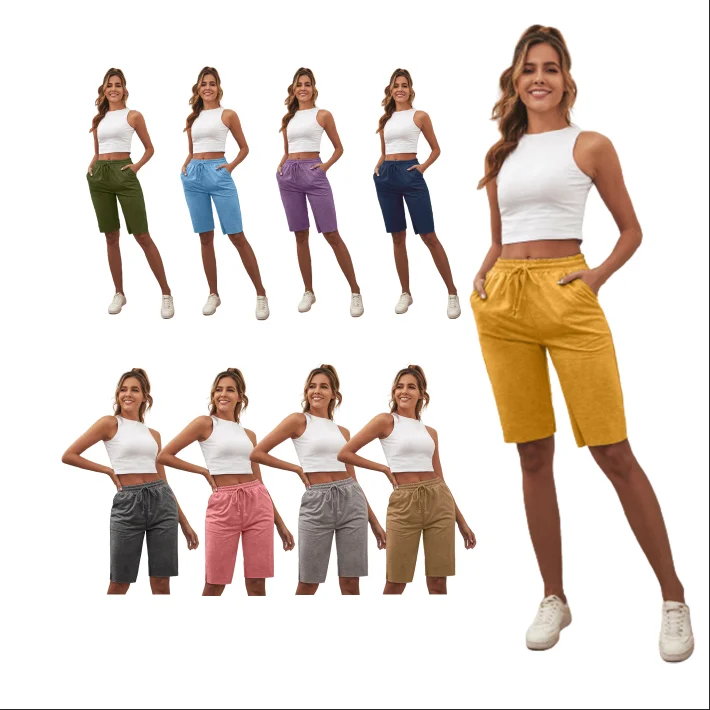

Custom Logo Summer Women Solid Color Sports Yoga Casual Drawstring Capris Shorts