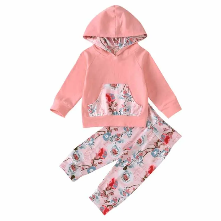 

New Autumn Winter Kids Long Sleeve Splicing Hoodies Flower Print Pants 2pcs Set