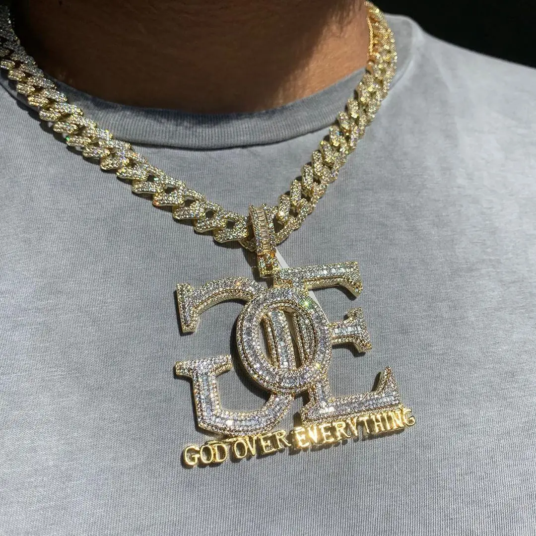 

18k gold plated hip hop ice men jewelry personalized letter design iced out bling big god over everything pendant necklace