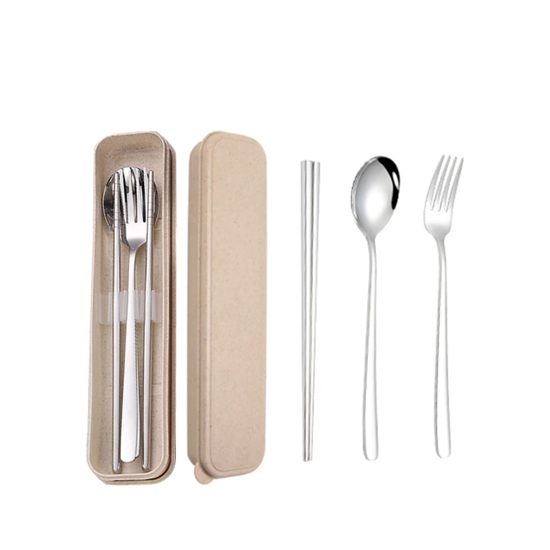 

Portable 18/10 Korean Metal Travel Flatware Spoon Fork and Chopsticks Camping Cutlery Set With Wheat Straw Box