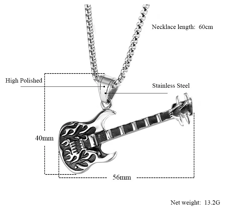 Fire Guitar 316L Stainless Steel Pendant Necklace Jewelry