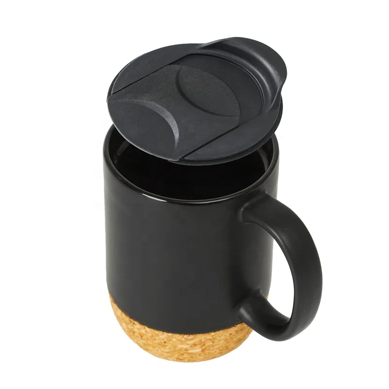 

Wholesale Custom Logo Ceramic Mug With Cork Base Matte Black Ceramic Coffee Cup With Plastic Lid