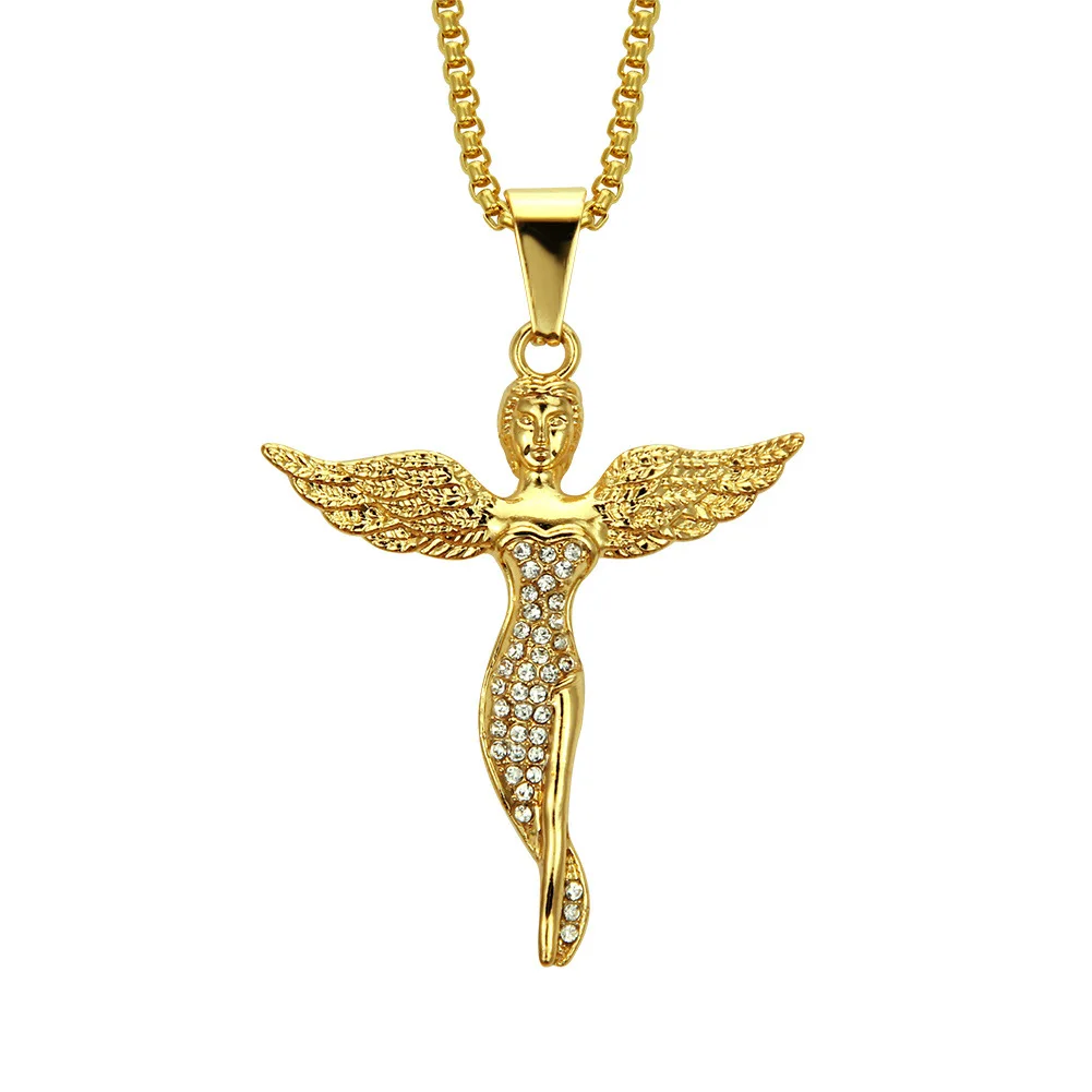 

Amazon hot sale hip hop diamond gold unisex angel wing goddess pendant chain mens custom necklace, As pic