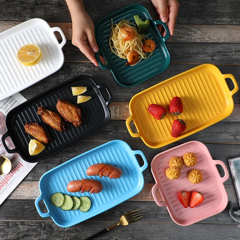 

Wholesale Nordic Ceramic Plate Baking Pan Ceramic Baking Tray With Handles Microwave Oven Safe