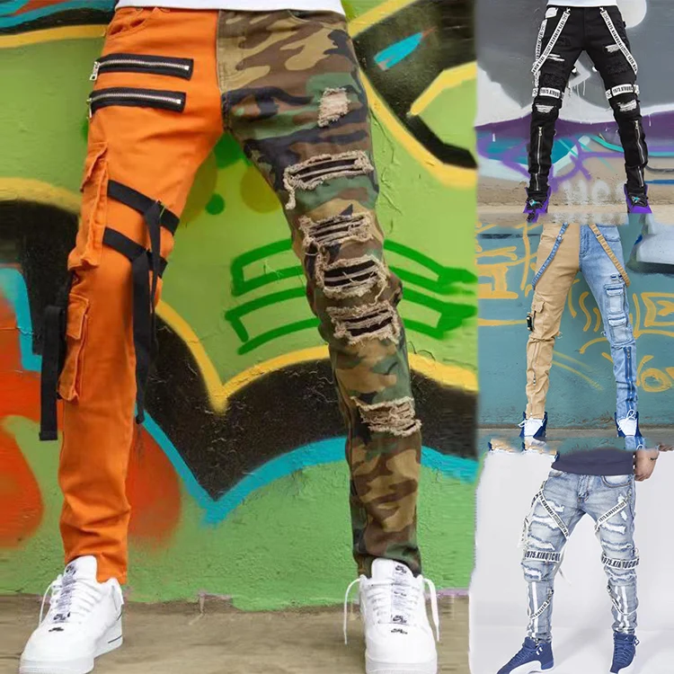 

Men Fashion Camouflage Ripped Denim Pants Plus Size Ribbons Jeans Streetwear Fashion Slim Straight Jeans, Customized color