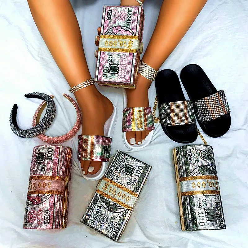 

2021 New Trendy Slides Slippers and Dollar Money Bag Set Rhinestone Diamond Shoes Evening Bags Purses