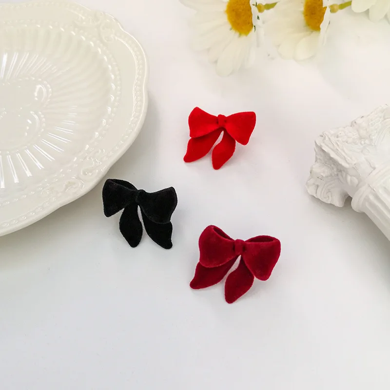 

JuHu 2021 Trendy And Sweet Flocking Bow Earrings Women 925 Silver Needle Simple Retro Wild Earrings, Red, black, burgundy