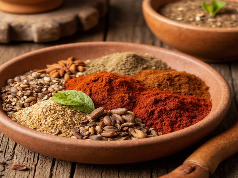 Fresh chai spices arranged on wooden table