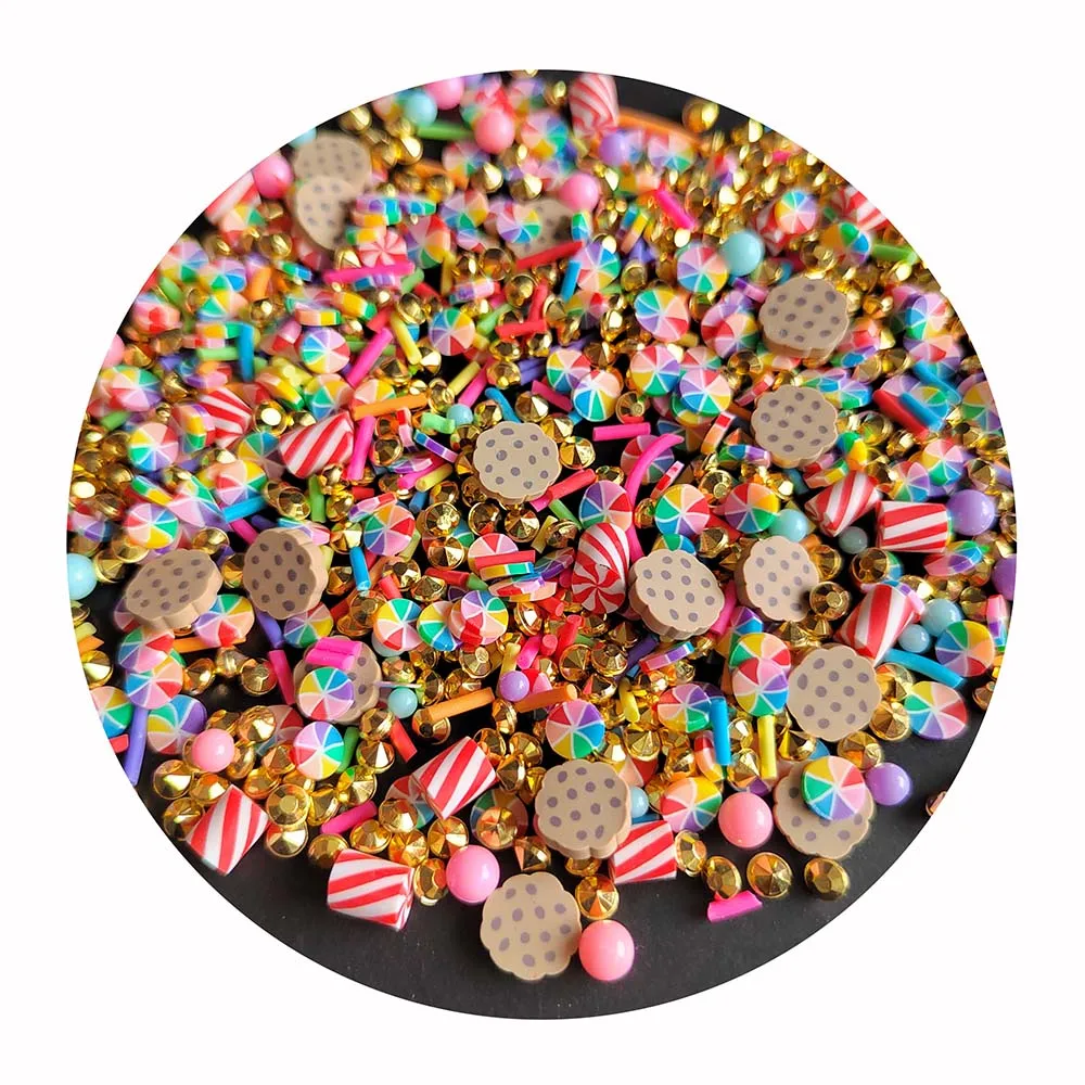 Round Rainbow Color Cookies Polymer Clay Candy Sprinkles With Gold Diamond Loong Cute Sprinkles Party Decoration Confetti Slime