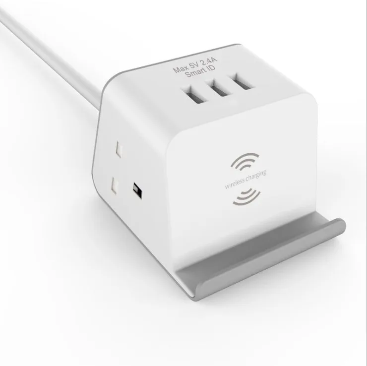 Tabletop Wireless Charger Power Strip Surge Protector Desktop Plug Bar With 2 Outlet 3 Usb Ports