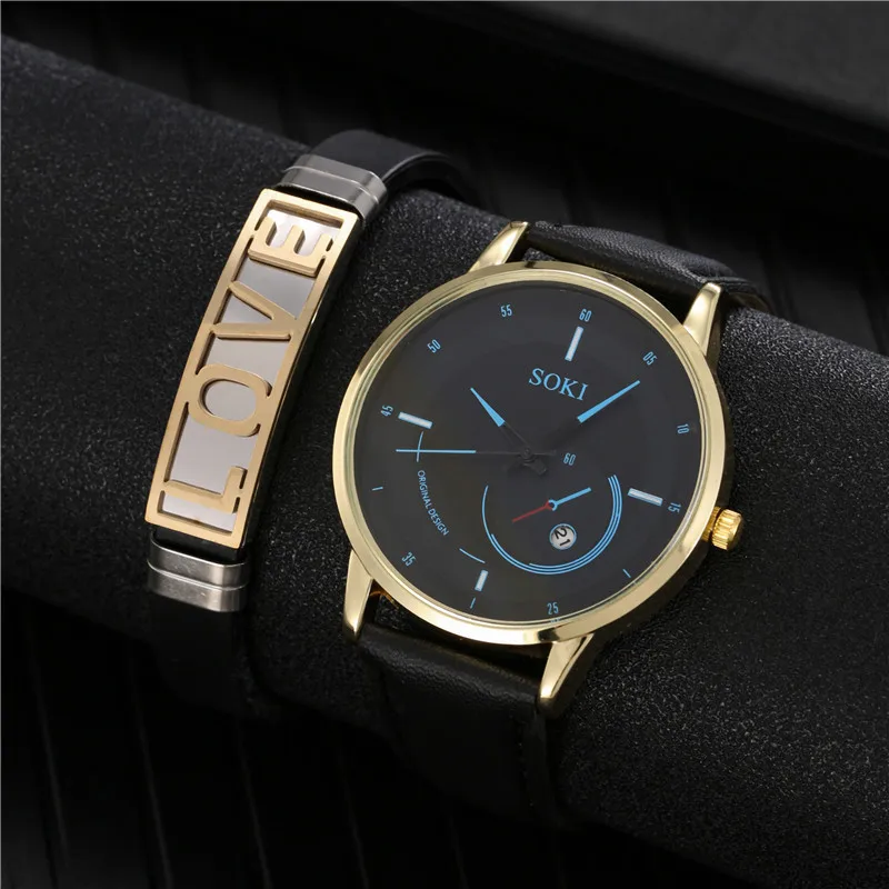 

2pcs/set Luxury Men's Military Watches Fashion Temperament Mens Leather Watches Mens Sports Quartz Watches, Picture shows