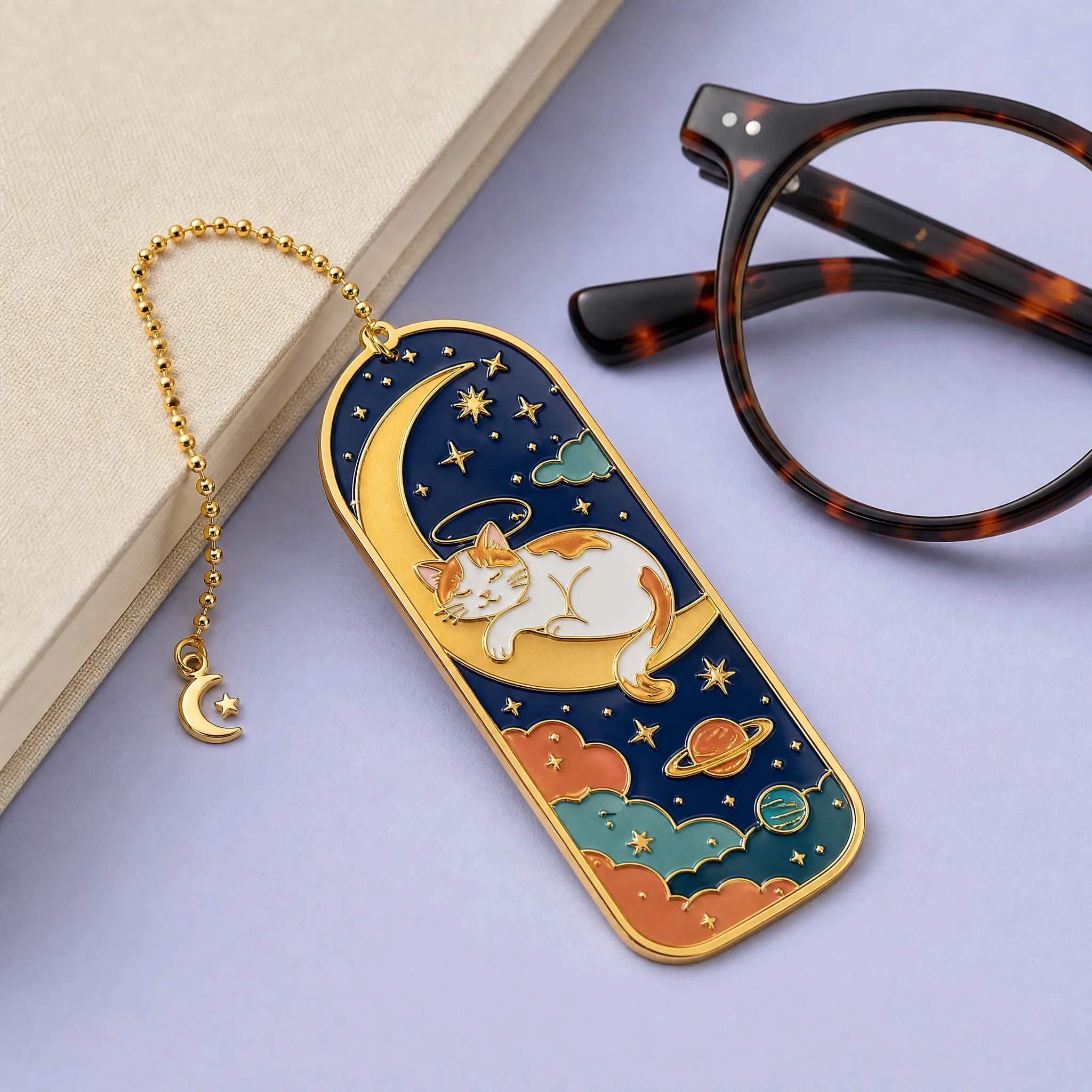 Custom Moon Cat Soft Enamel Bookmark with Gold Ball Chain and Moon Star Charm