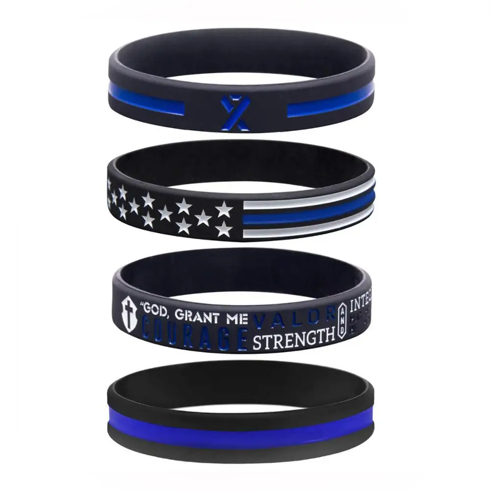 

Thin Blue Line Silicone Bracelet Set /Policeman's Prayer American Flag Blue Awareness Ribbon Silicone Wristband, Pantone color