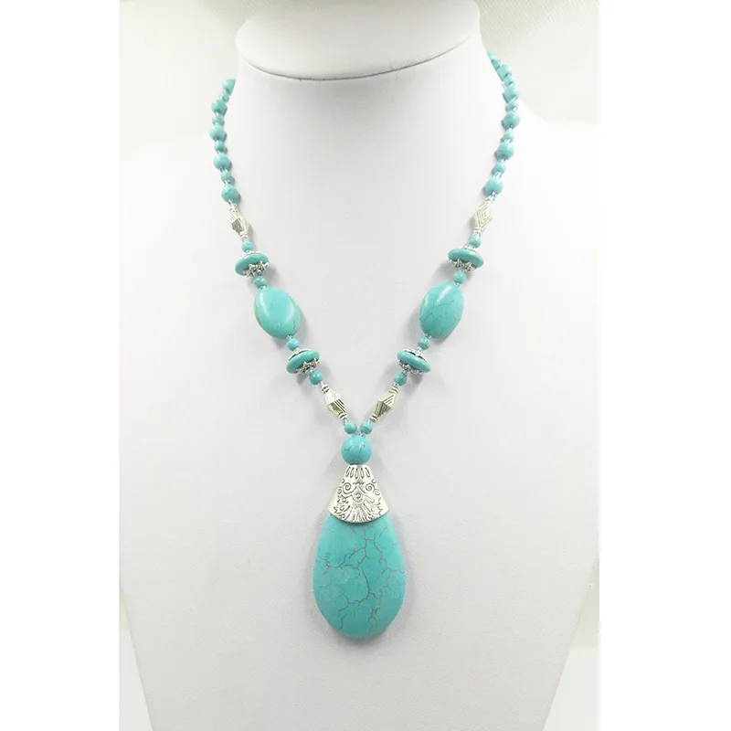 

High Quality Boho Women Water Drop Choker Vintage Adjustable Turquoise Stone Pendant Necklace Beads Jewelry For Women