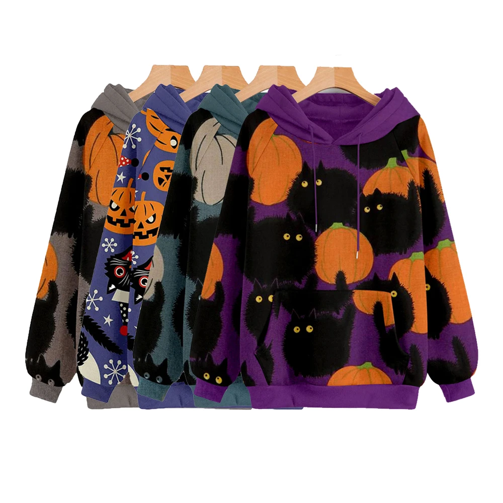 

Pumpkin Cat Cartoon Print Kangaroo Pocket Oversize Loose Pullover Halloween Hoodies for Women