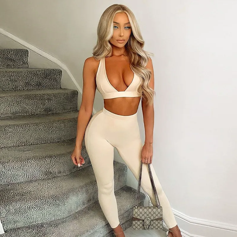 

Two Piece Set Boutique Clothing Sports Women Backless Bra High Waist Long Pants Set