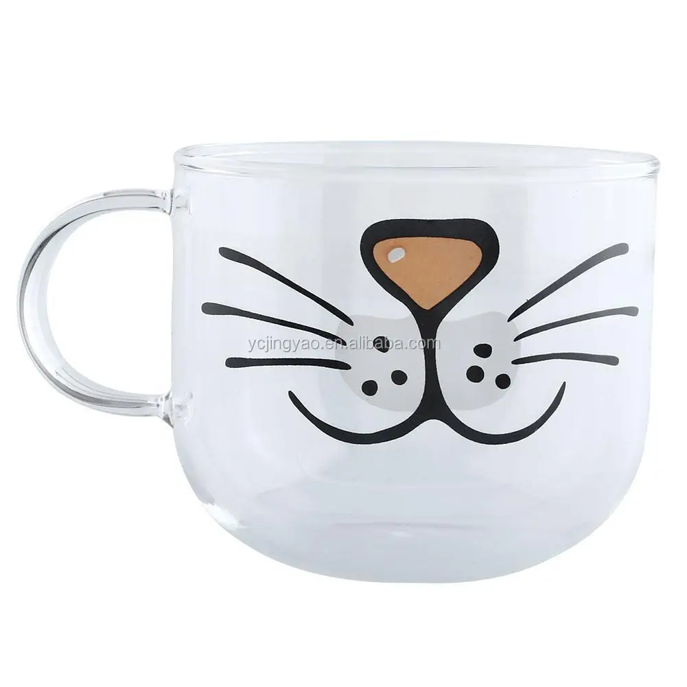 

550ml Cat Printed Transparent Pyrex Glass Coffee Tea Mug with Handle, Clear transparent