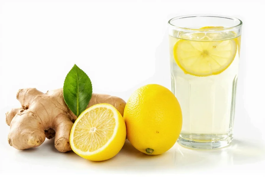 Fresh ginger and lemon slices in glass pitcher of water