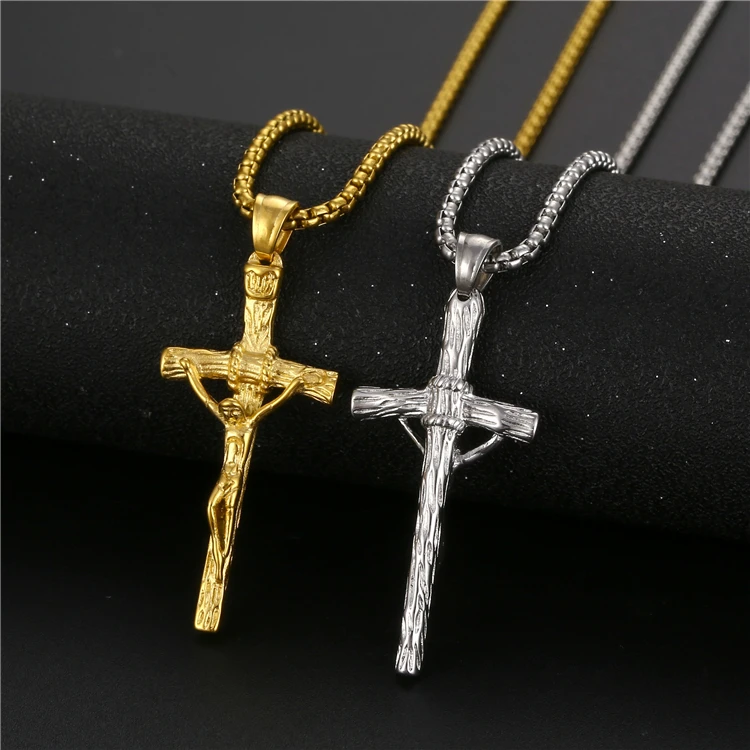 

Men 316l stainless steel jewelry 18K gold plated silver jesus christ cross crucifix necklace