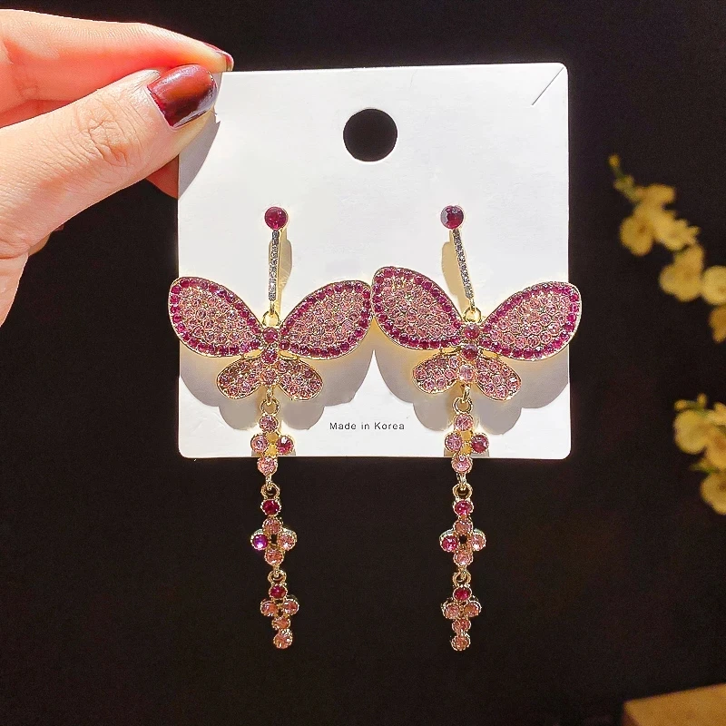 

Kaimei Fashion Holiday Party Pendientes Jewelry Korean Luxury Pink Rhinestone Butterfly Long Drop Earrings For Women Girls, Many colors fyi