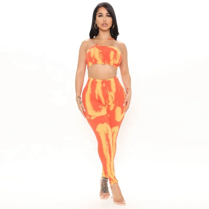 

Fashionable Slim Rib 2 Piece Pants Sets Women Pencil Printed Strapless Crop Tops Pants Set