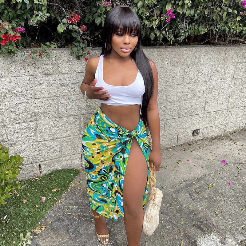 

2021new summer lace-up women's casual sexy green printing high waist crimp contrast color irregular slit skirt