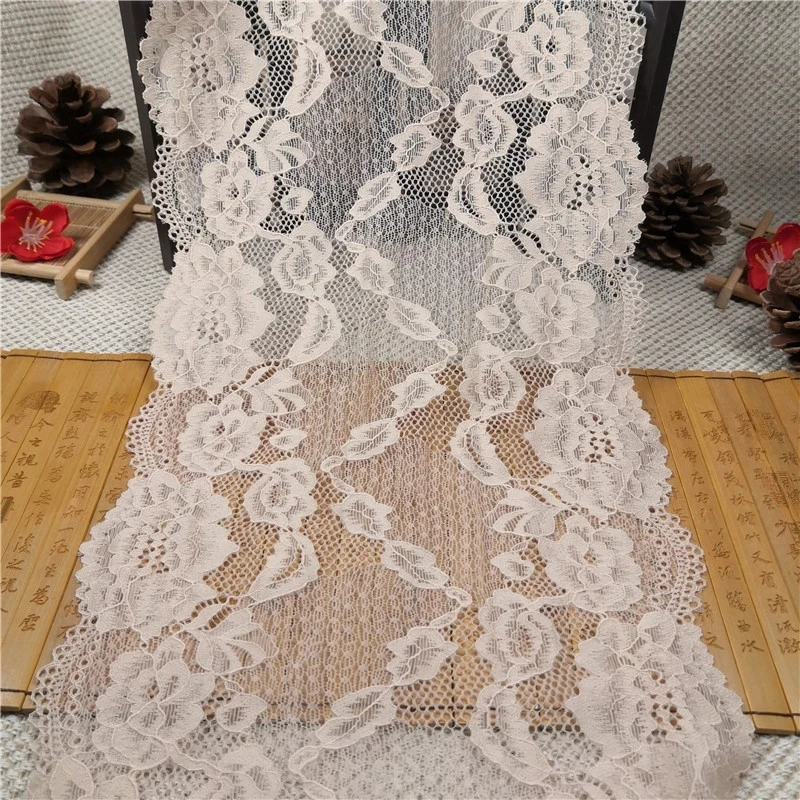 

Width 22 cm nylon spandex White elastic raschel lace trim for wedding dress sofa curtain material, Dyeable