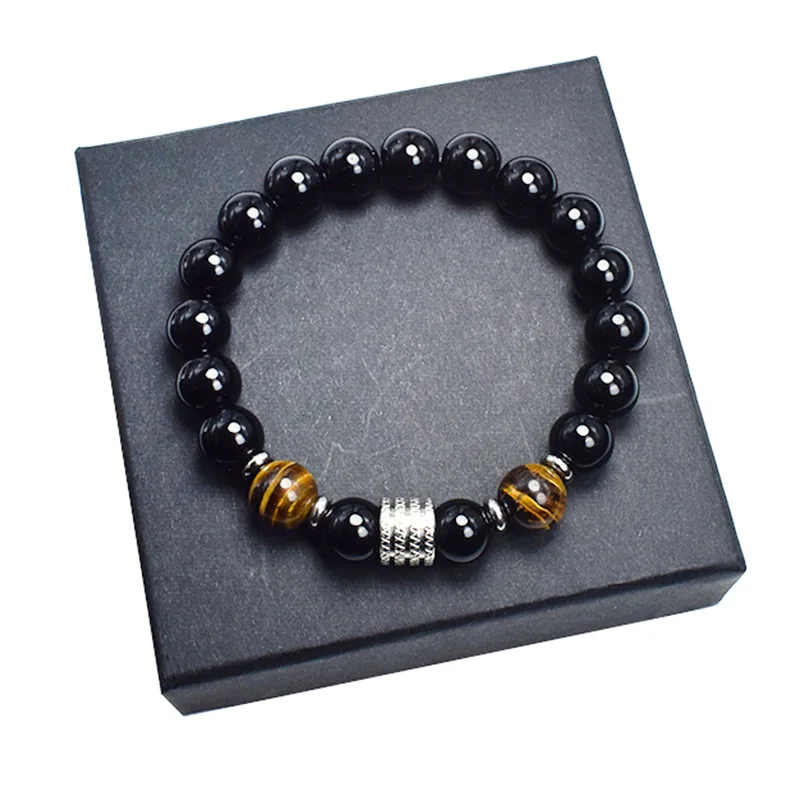 

Wholesale Men's Punk Jewelry Tiger Eye 10mm Natural Stone Beaded Bracelet Stainless Steel Color Matching Stone Bracelet, Golden