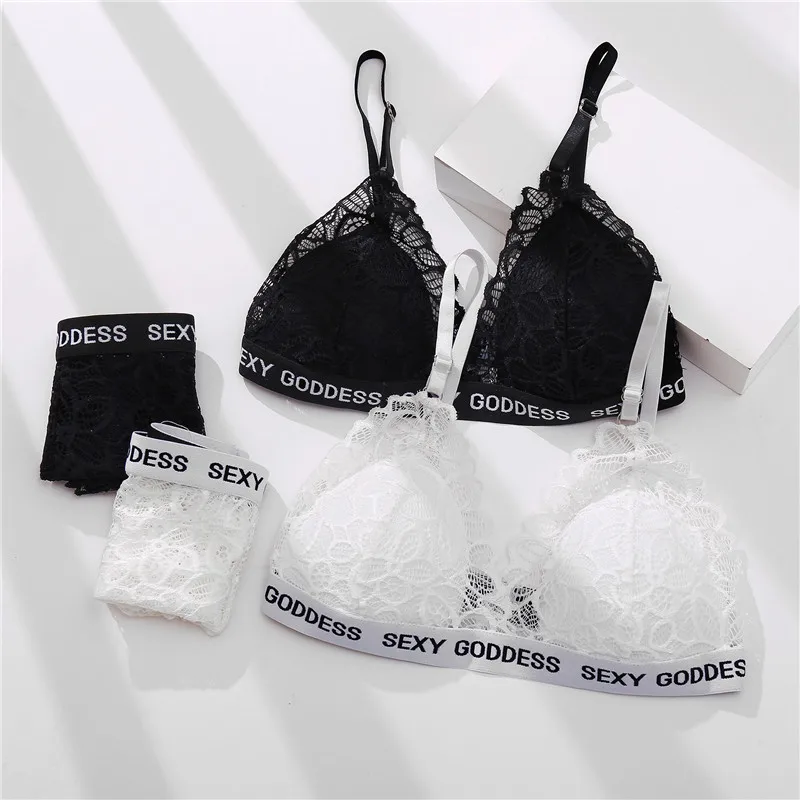 

Custom Logo Letter Breathable Deep V Triangle Wireless Padded Women's Lace Sexy Bra Panty Set