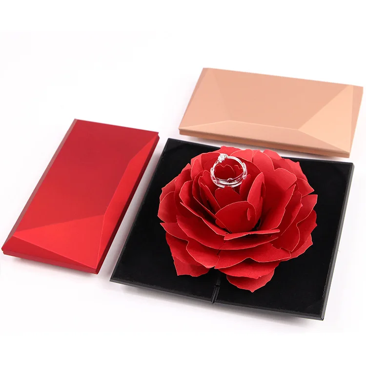 

Q802 Wedding Flower Jewelry Packaging Showcase Folding Rotary Gift Box Up Rose Ring Box Valentines Day Jewelry Boxes, 3 color