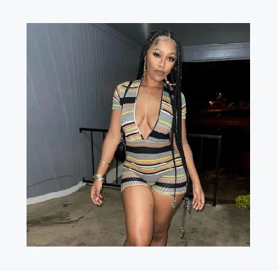 

AYP1033 Skinny Printed Deep-V Short Sleeve Striped Rompers Womens Jumpsuit